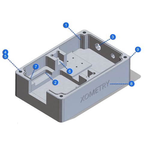 an illustration of a CNC part, with several optimized design elements